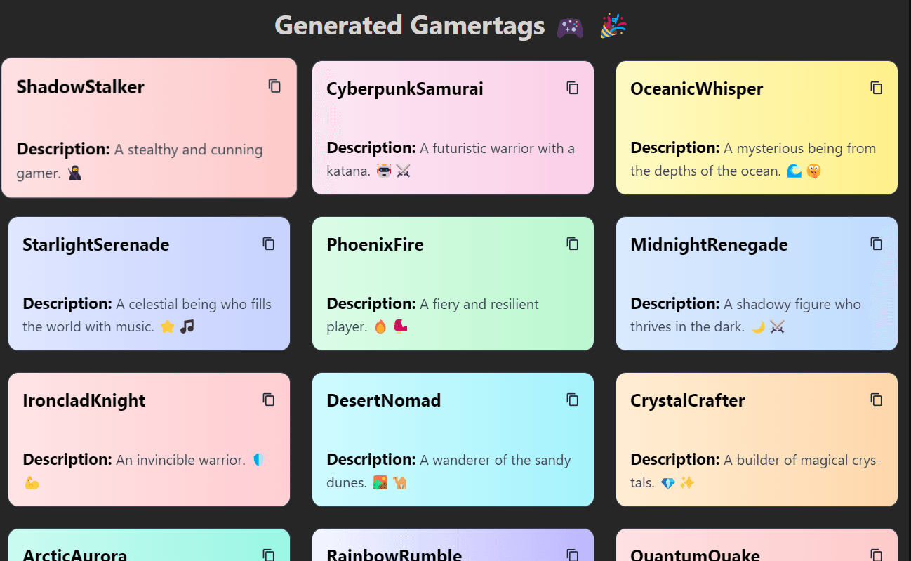Gamertag Generator example output showing unique and Xbox-ready names