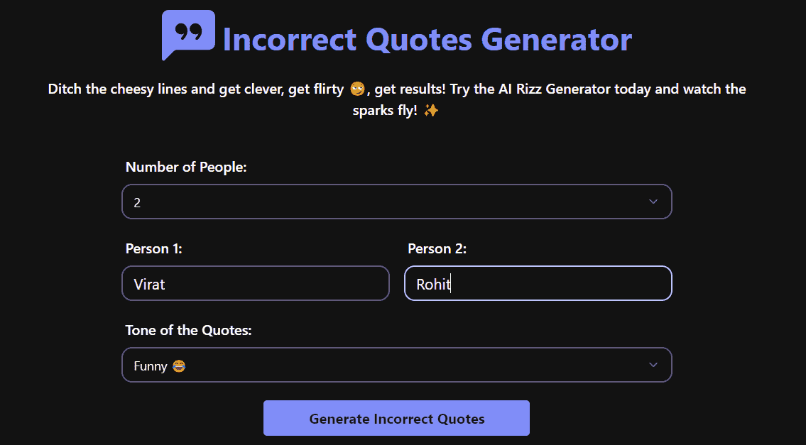 Screenshot of Incorrect Quotes Generator Tool