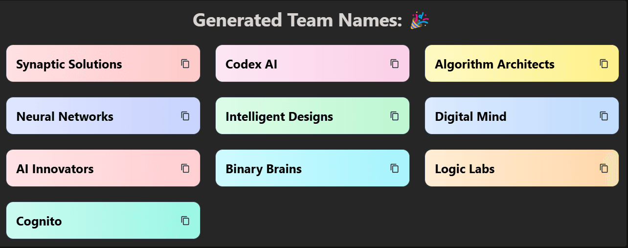 Team Name Generator Example - Input and Output
