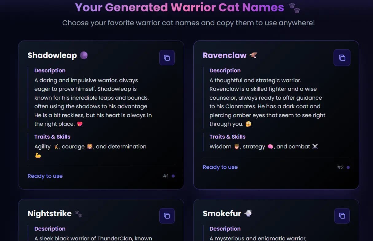 Warrior cat name generator example: name + short bio + appearance for WCUE and Clan-style roleplay