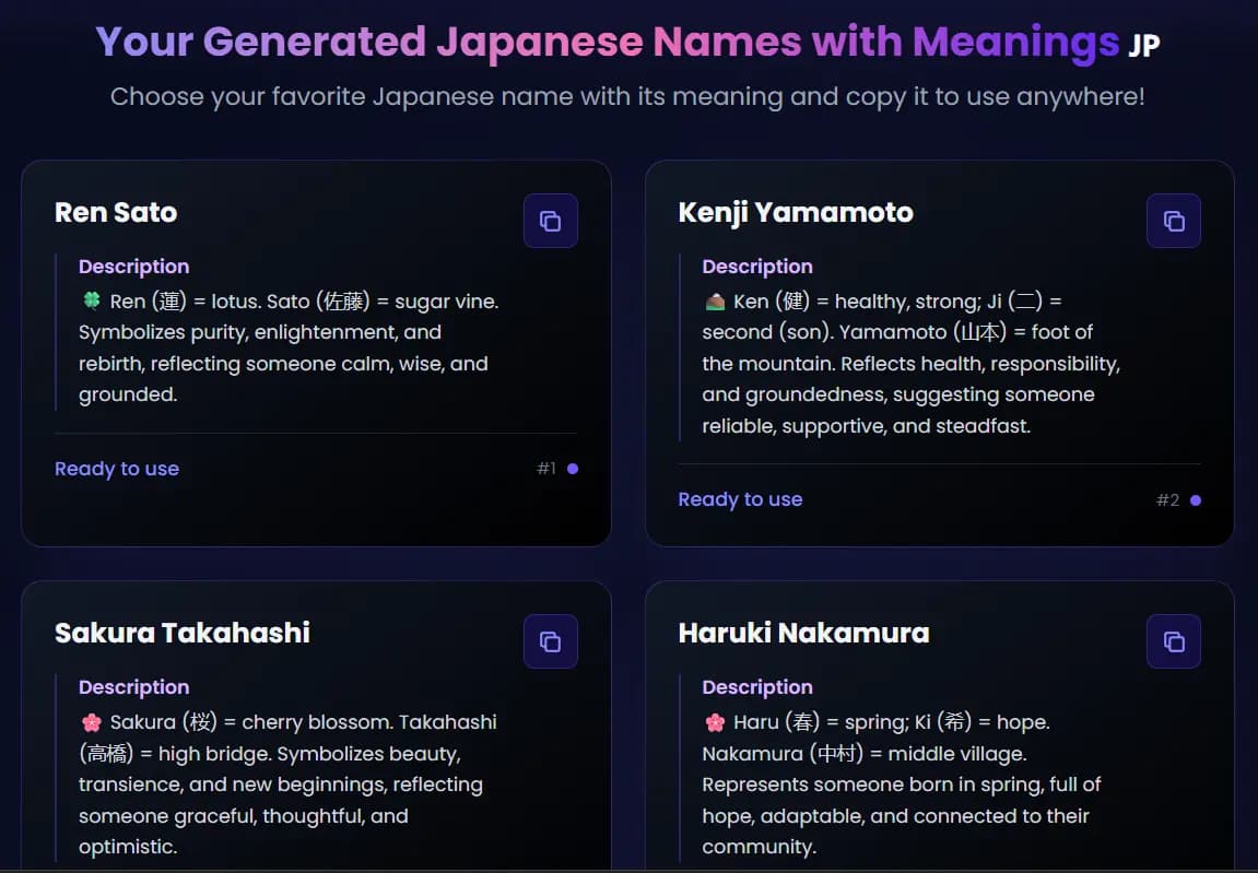 Japanese Name Generator Example with Meanings